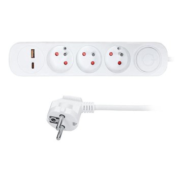 Cavo di prolunga con interruttore, 3 prese e ricarica USB-A e USB-C, 2 m