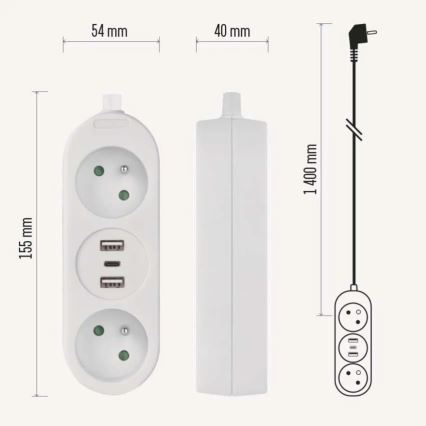 Cavo prolunga 2 prese + 2x USB-A + USB-C 1,4 m