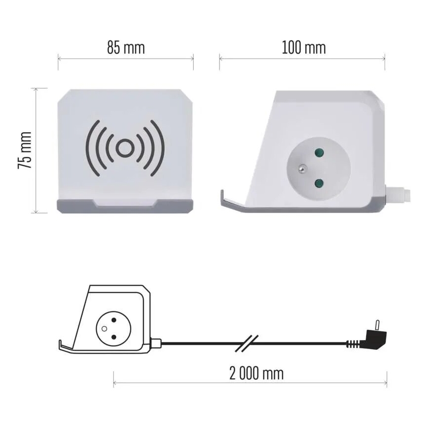 Cavo prolunga a cubo con ricarica wireless QI 2Z + 2x USB-A + 1x USB-C 2m bianco