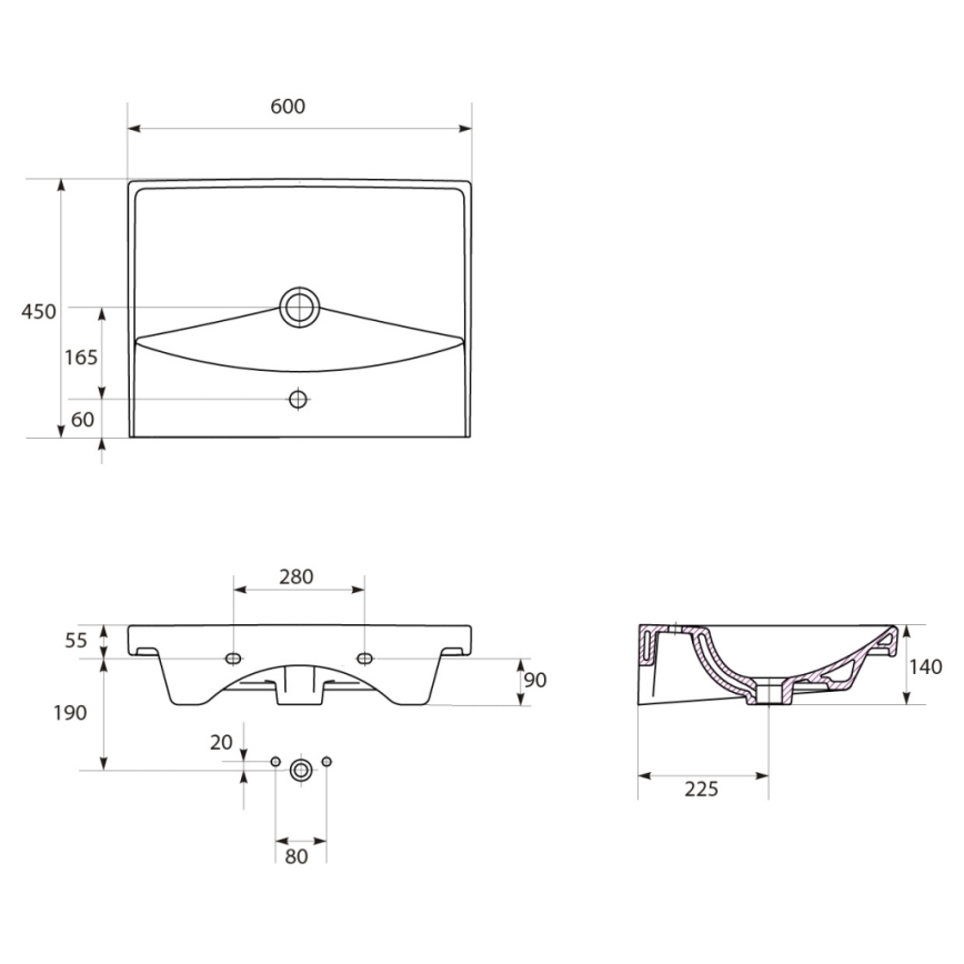 Cersanit K35-006 - Lavabo da incasso CITY 45x60 cm in ceramica, bianco lucido