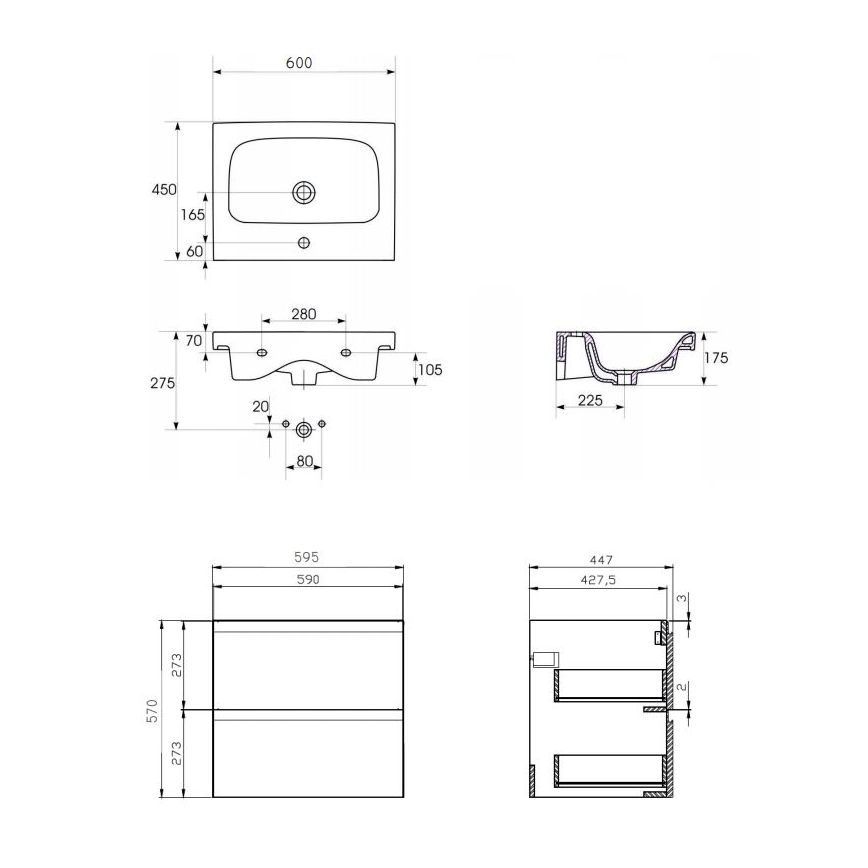 Cersanit S801-223-DSM - Mobile bagno sospeso con lavabo MODUO 60x45 cm bianco lucido