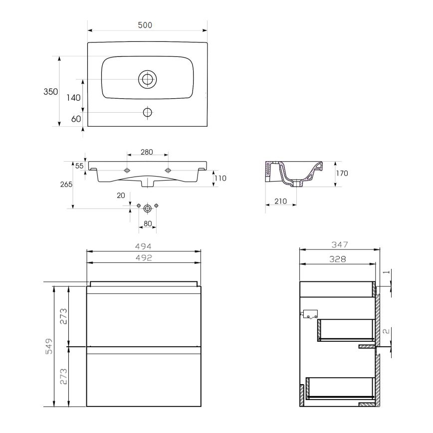 Cersanit S801-229-DSM - Mobile da bagno pensile con lavandino MEDA SLIM 62x50 cm bianco lucido