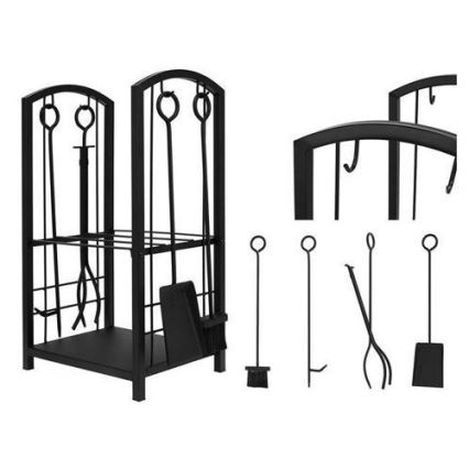 Cesto per legna con attrezzi da camino 30x40x73 cm nero