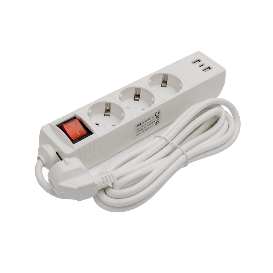 Ciabatta multipresa con interruttore, 3 prese SCHUKO, 2 porte USB-A e 1 porta USB-C, cavo 3 m, bianca
