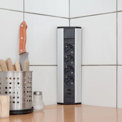 Colonna angolare con prese 4x230V + 2xUSB-A nero/argento