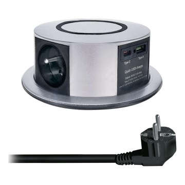 Colonna per tavolo con ricarica wireless Qi 3x230V + 1xUSB-A + 1xUSB-C argento/nero