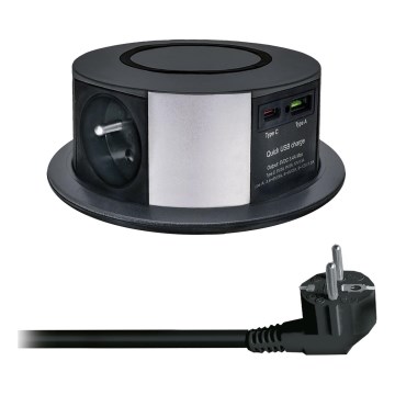 Colonna per tavolo con ricarica wireless Qi 3x230V + 1xUSB-A + 1xUSB-C nero/argento