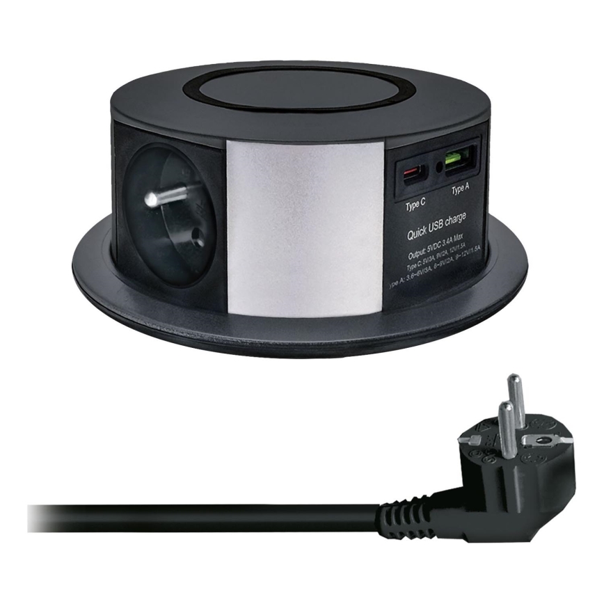 Colonna per tavolo con ricarica wireless Qi 3x230V + 1xUSB-A + 1xUSB-C nero/argento