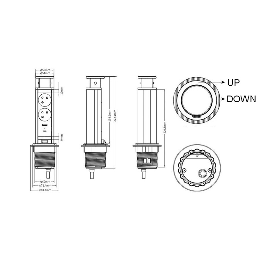 Colonna prese da montare sul piano della scrivania 2x230V + USB-A + USB-C