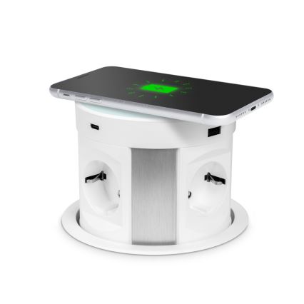 Colonna prese da installare sul piano della scrivania con ricarica wireless integrata — 4 prese 230 V + 2× USB-A + 2× USB-C, bianca