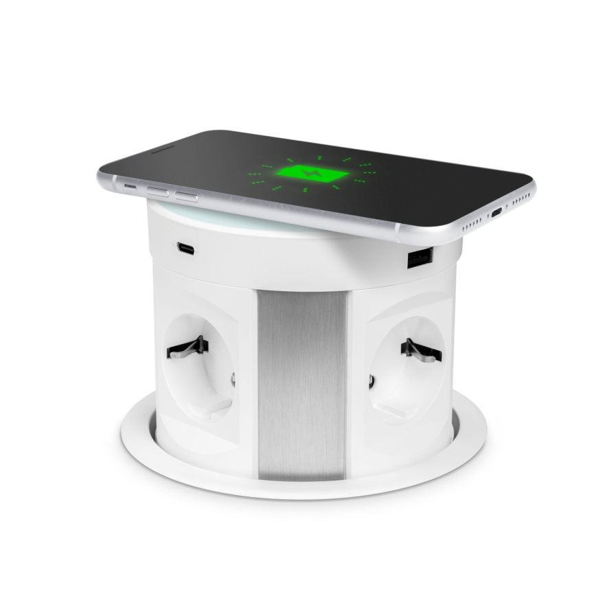 Colonna prese da installare sul piano della scrivania con ricarica wireless integrata — 4 prese 230 V + 2× USB-A + 2× USB-C, bianca