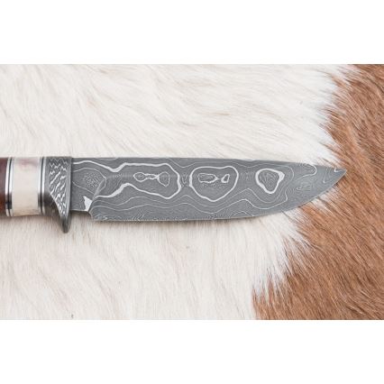 Coltello da caccia in damasco 12,4 cm Betulla/corna di renna