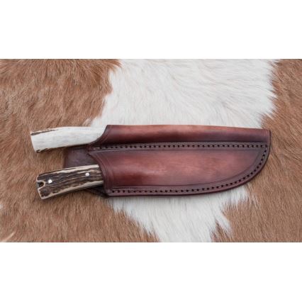 Coltello da caccia in damasco con mini sega 12 cm corno di cervo
