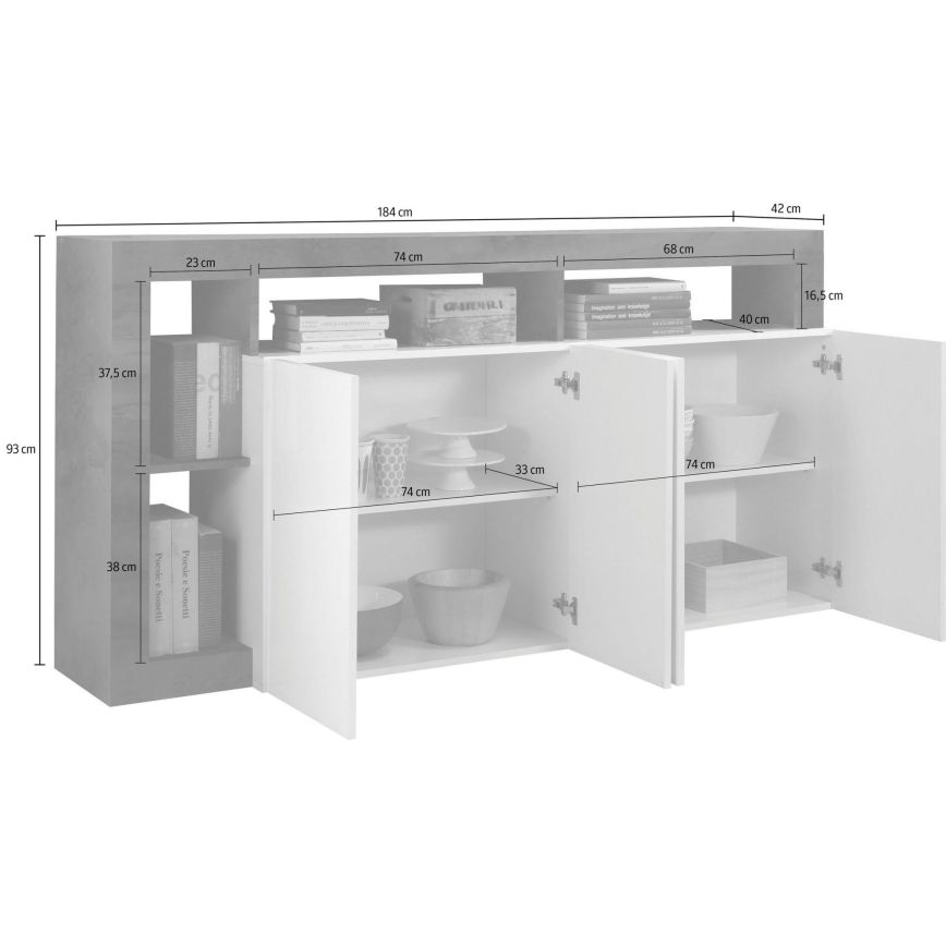 Comò LENOR 184x93x42 cm bianco/grigio effetto cemento