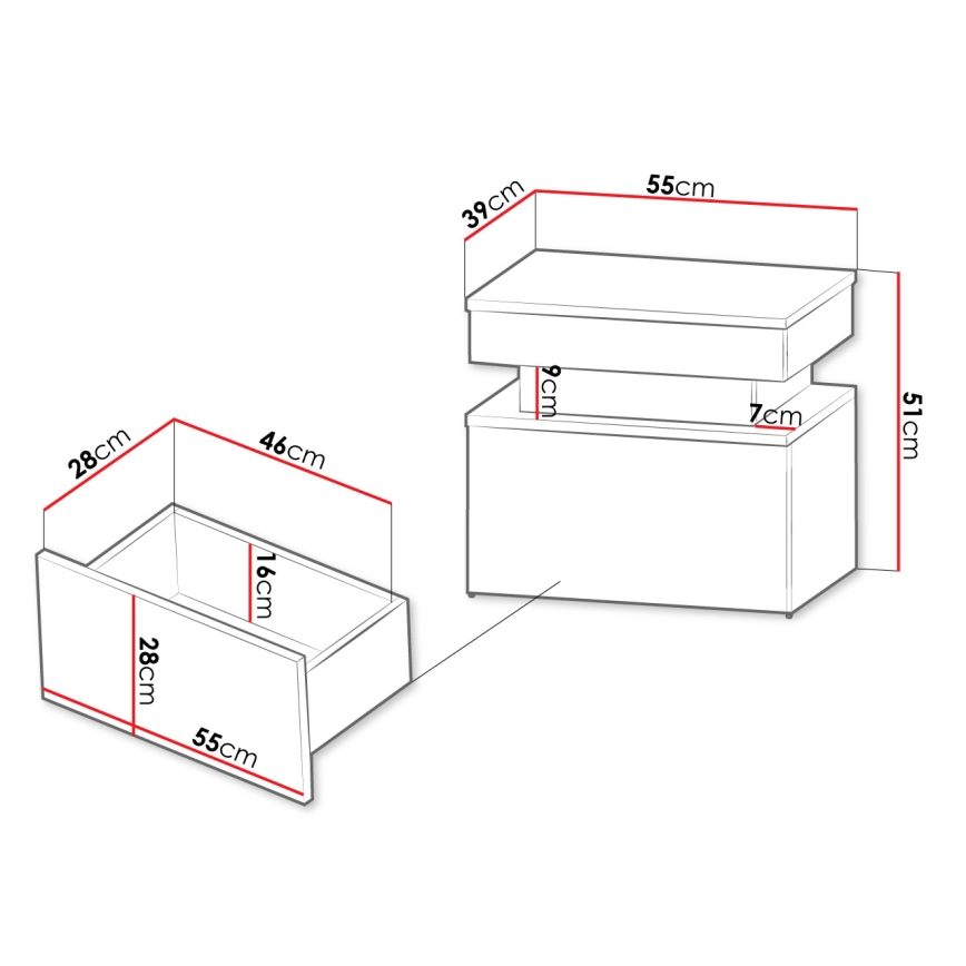 Comodino GLOSSA 51x55 cm con illuminazione a LED, bianco/bianco lucido
