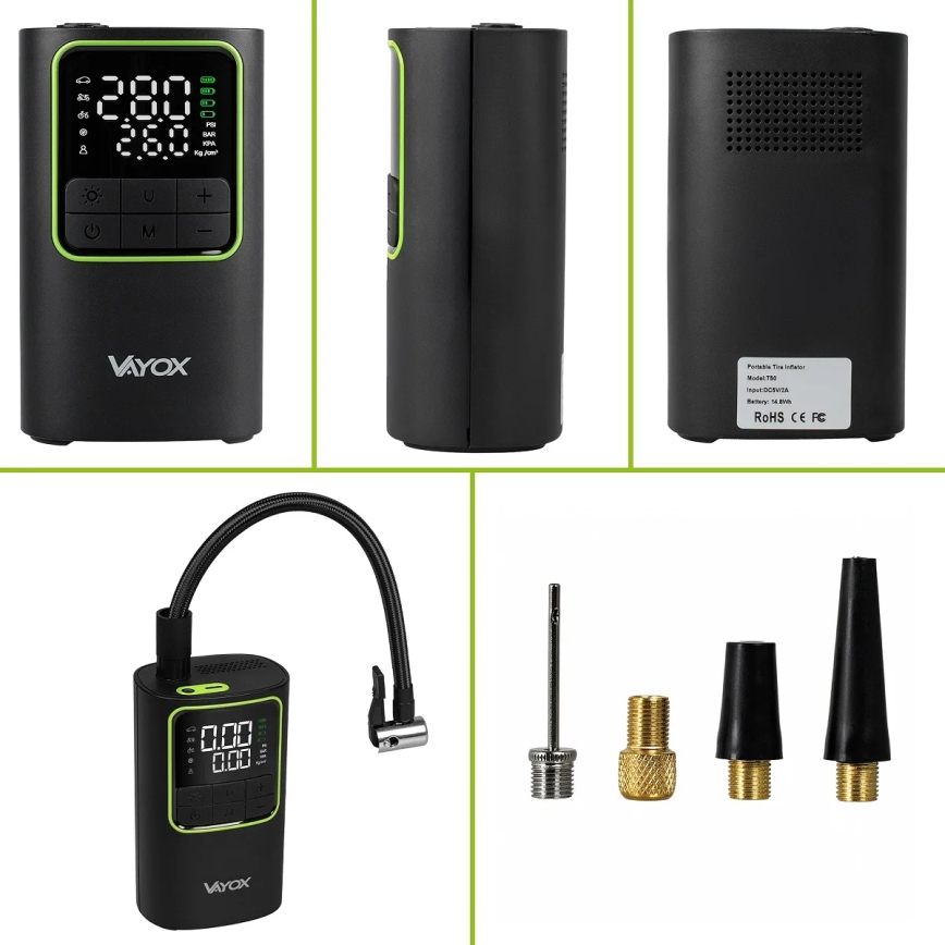 Compressore d'aria digitale tascabile 5V 4000 mAh, nero
