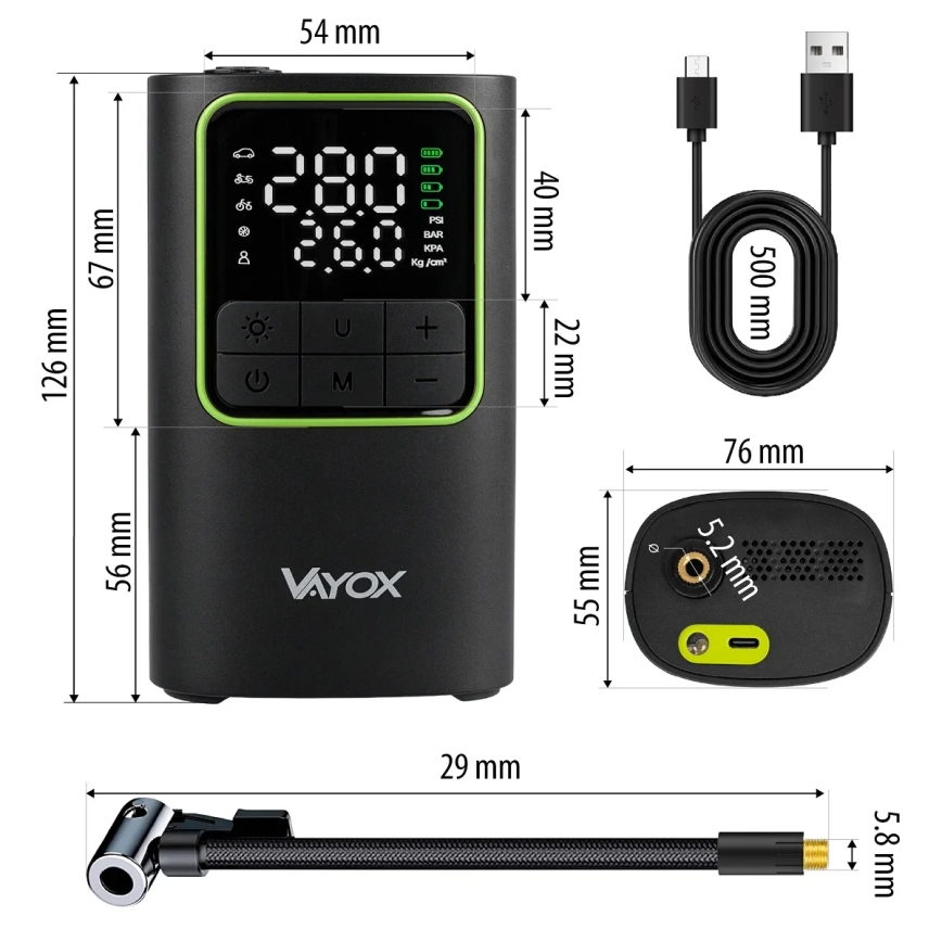 Compressore d'aria digitale tascabile 5V 4000 mAh, nero