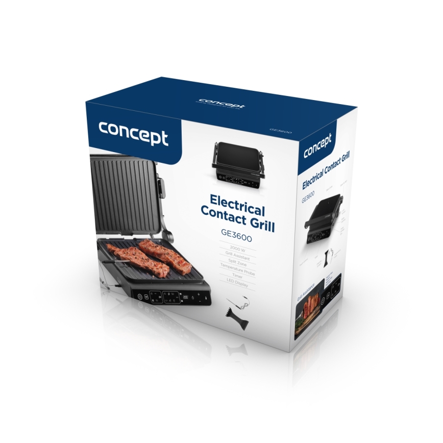 Concept ge3600 - Griglia a contatto con sonda di temperatura GLASS 2000W/230V nero