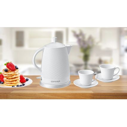 Concept RK0040 - Bollitore elettrico 1,5 l, 1500 W / 230 V, bianco con corpo in ceramica + 2 tazze con piattini