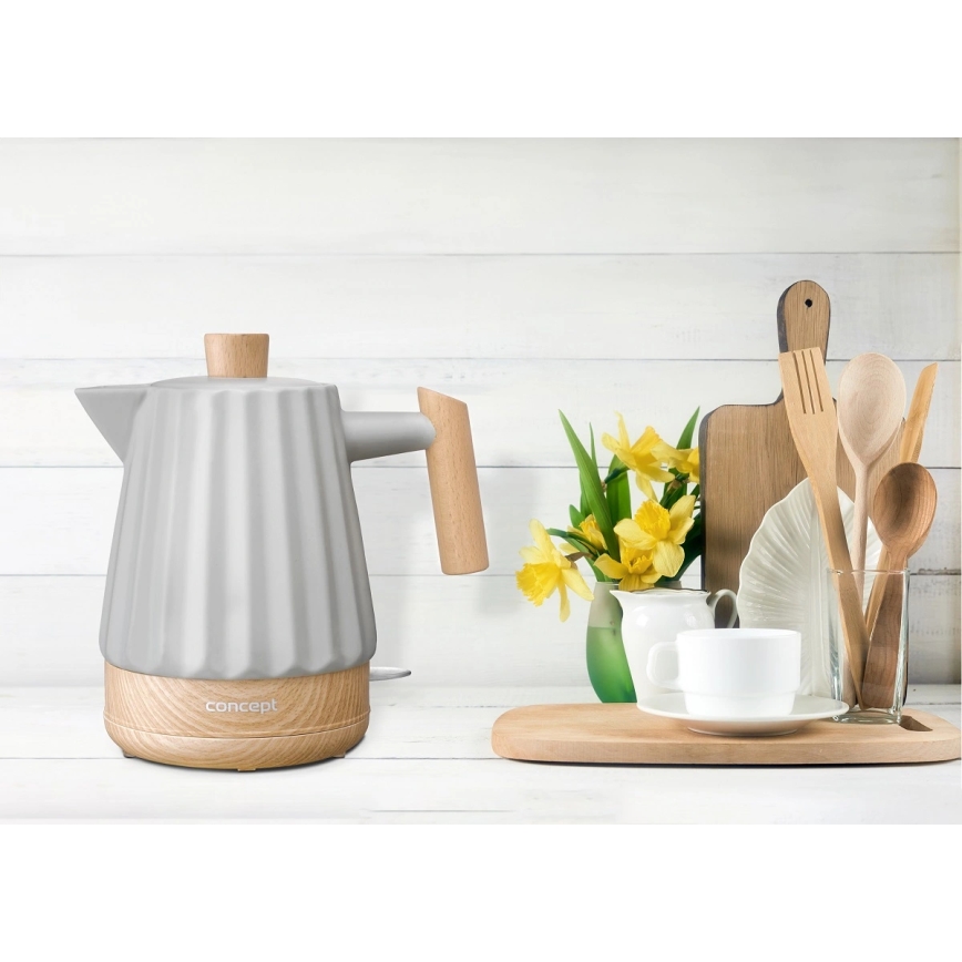 Concept RK0091 - Bollitore elettrico 1,5 l, 1500 W/230 V, grigio chiaro/effetto legno/ceramica
