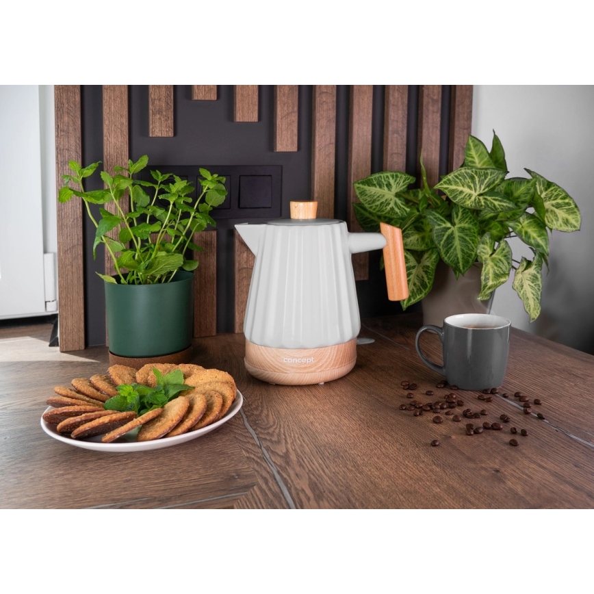Concept RK0091 - Bollitore elettrico 1,5 l, 1500 W/230 V, grigio chiaro/effetto legno/ceramica