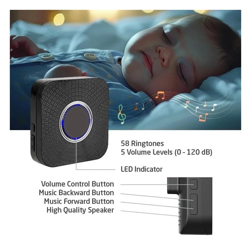 Confezione da 2 campanelli wireless da presa, a energia cinetica, 230V, nero