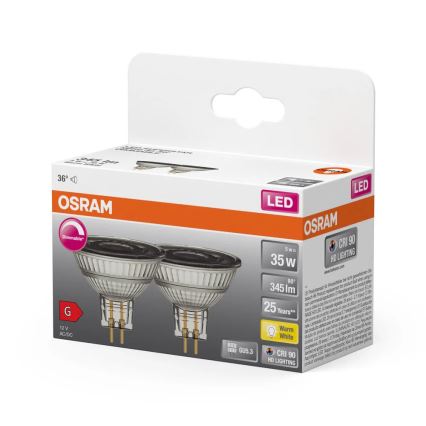 Confezione da 2 lampadine LED dimmerabili a riflettore MR16 GU5,3/5W/12V 2700K 36° CRI 90 - Osram