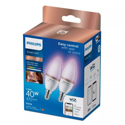 Set da 2 lampadine LED RGB dimmerabili Philips SMART C37 E14/4,9W/230V 2200-6500K CRI 90