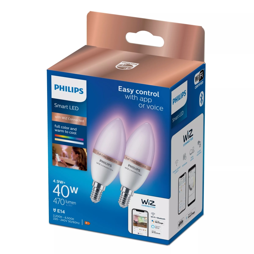 Set da 2 lampadine LED RGB dimmerabili Philips SMART C37 E14/4,9W/230V 2200-6500K CRI 90