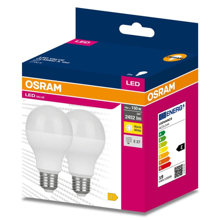 Confezione da 2 lampadine LED VALUE CLASSIC E27/19W/230V 2700K - Osram
