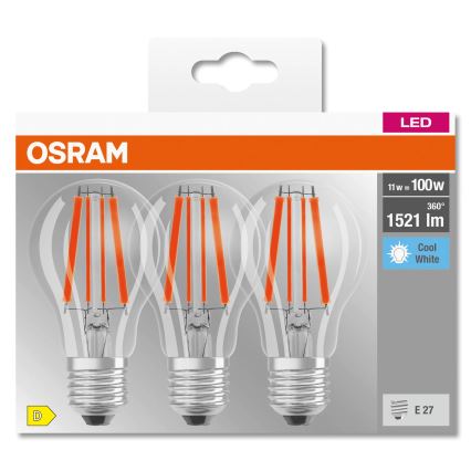 Confezione da 3 lampadine LED Base Classic Filament A60 E27/11W/230V 4000K - Osram