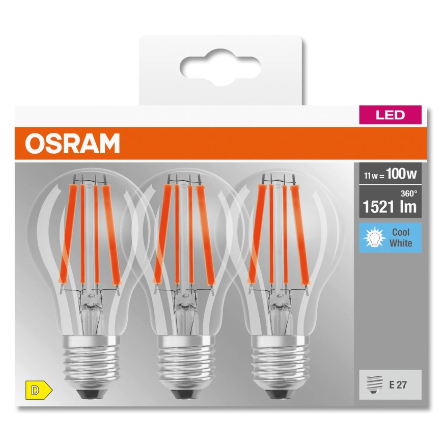 Confezione da 3 lampadine LED Base Classic Filament A60 E27/11W/230V 4000K - Osram