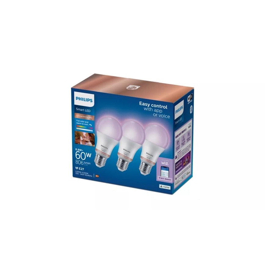 Confezione da 3 lampadine LED RGB dimmerabili Philips SMART A60 E27/8,8W/230V 2200-6500K