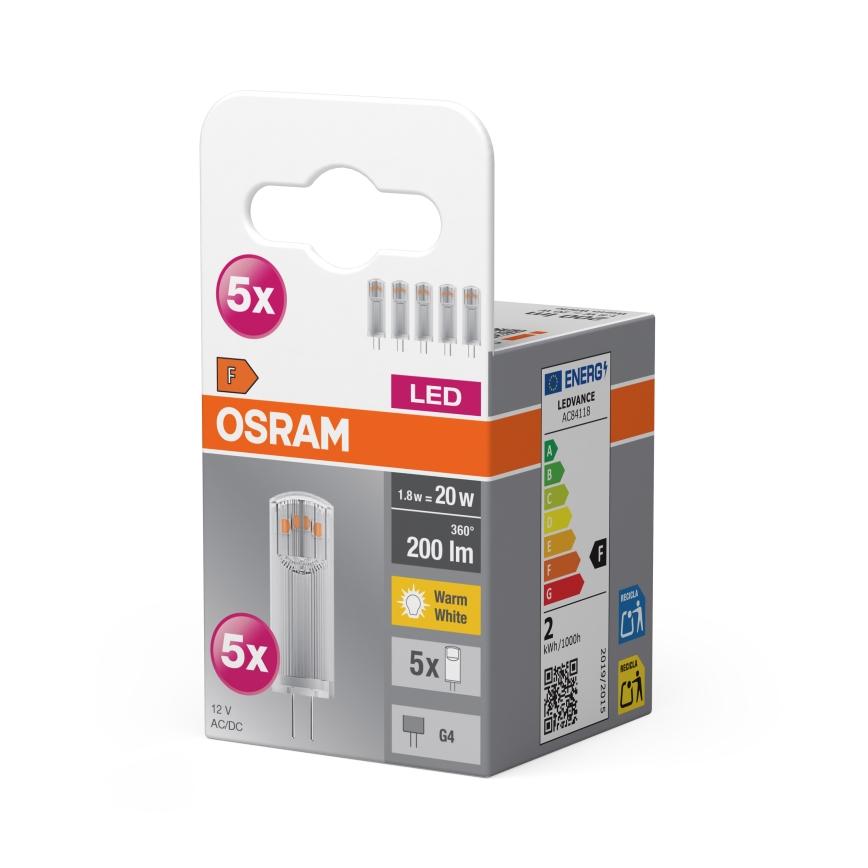 Confezione da 5 lampadine LED a pin G4, 1,8 W/12 V, 2700 K - Osram