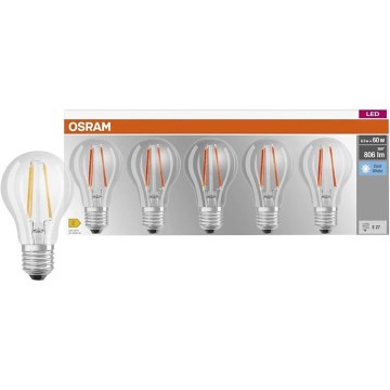 Confezione da 5 lampadine LED Base Classic Filament A60, attacco E27, 7 W, 230 V, 4000 K - Osram