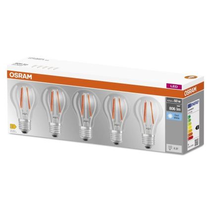 Confezione da 5 lampadine LED Base Classic Filament A60, attacco E27, 7 W, 230 V, 4000 K - Osram