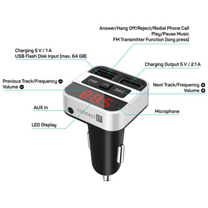 CONNECT IT CCC-8800-SL - Trasmettitore FM per auto con funzione vivavoce nero/argento