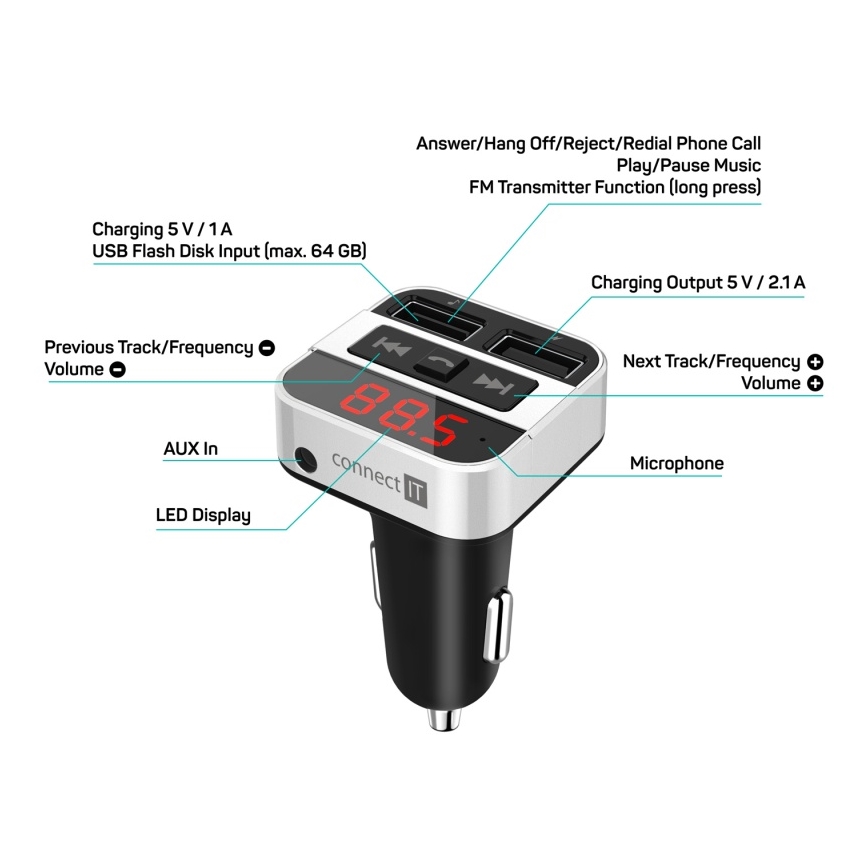 CONNECT IT CCC-8800-SL - Trasmettitore FM per auto con funzione vivavoce nero/argento