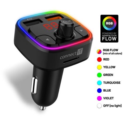 CONNECT IT CCC-9090-BK - LED RGB Trasmettitore FM per auto con funzione vivavoce nero