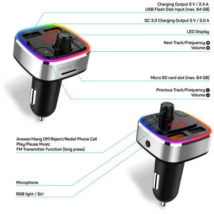 CONNECT IT CCC-9090-SL - LED RGB Trasmettitore FM per auto con funzione vivavoce nero/argento
