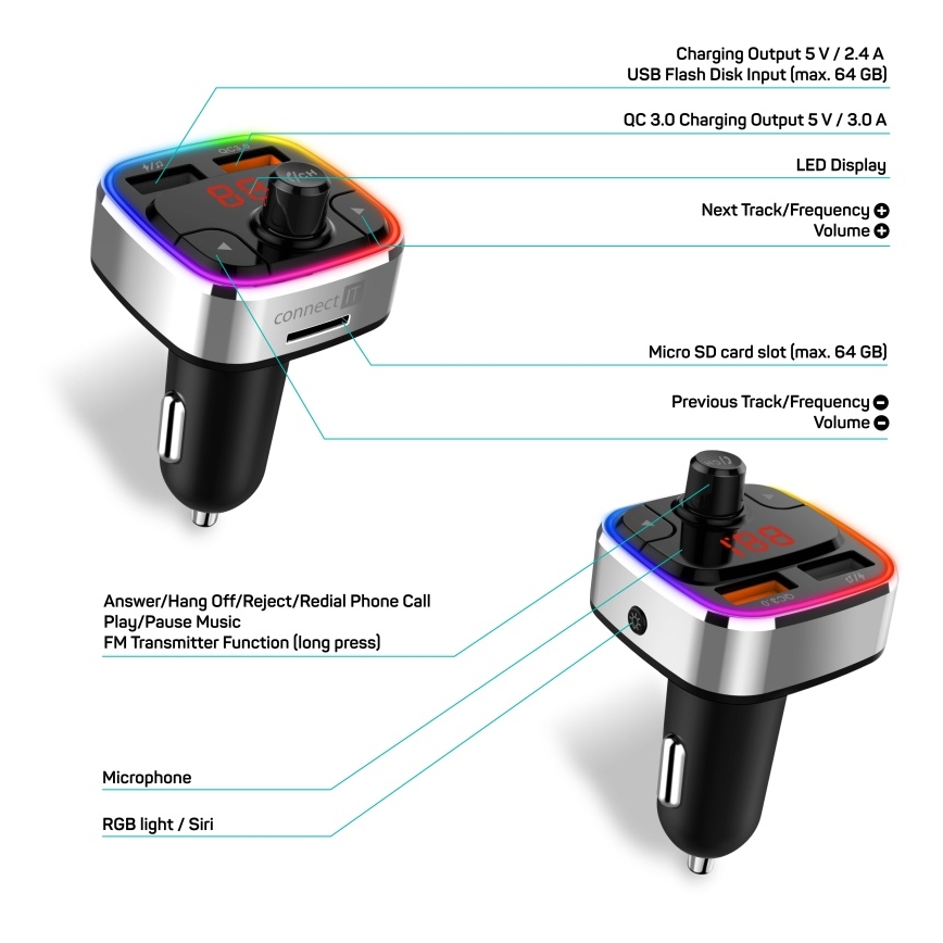 CONNECT IT CCC-9090-SL - LED RGB Trasmettitore FM per auto con funzione vivavoce nero/argento