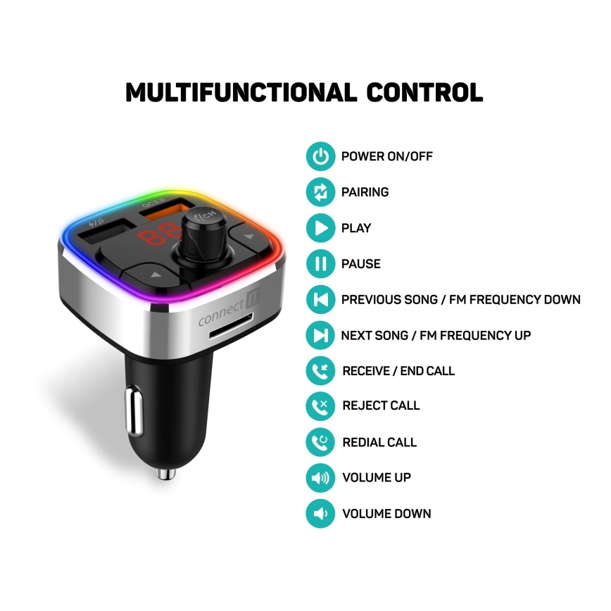 CONNECT IT CCC-9090-SL - LED RGB Trasmettitore FM per auto con funzione vivavoce nero/argento