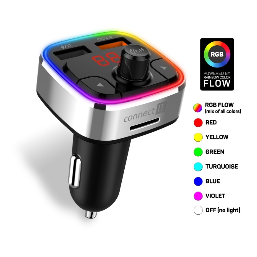CONNECT IT CCC-9090-SL - LED RGB Trasmettitore FM per auto con funzione vivavoce nero/argento