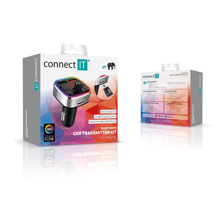 CONNECT IT CCC-9090-SL - LED RGB Trasmettitore FM per auto con funzione vivavoce nero/argento