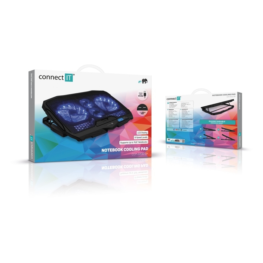 CONNECT IT CCP-2200-BK - Pad di raffreddamento per laptop 4x ventilatore 2xUSB nero//blu