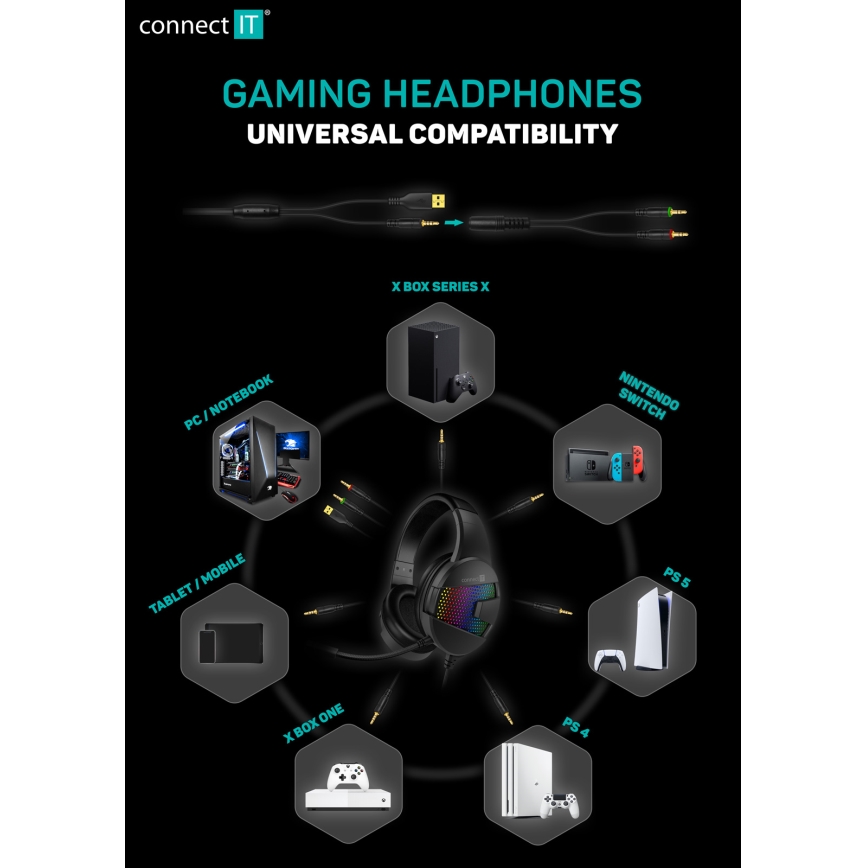CONNECT IT CHP-3595-BK - LED RGB Cuffie da gioco cablate con microfono nero