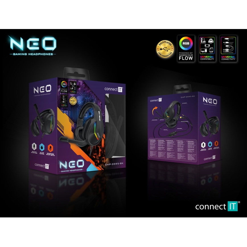 CONNECT IT CHP-3595-BK - LED RGB Cuffie da gioco cablate con microfono nero