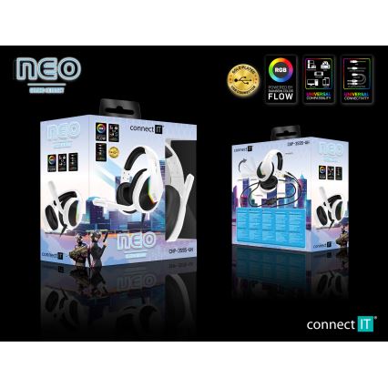 CONNECT IT CHP-3595-WH - LED RGB Cuffie da gioco cablate con microfono bianco/nero