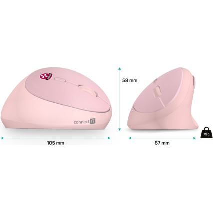 CONNECT IT CMO-2600-PK - Mouse ergonomico senza fili 800/1200/1600 DPI selezionabili 1xAA rosa