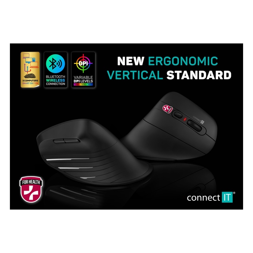 CONNECT IT CMO-2880-BK - Mouse ergonomico wireless Verti TriMode 1000/1600/2400 DPI 2xAAA nero